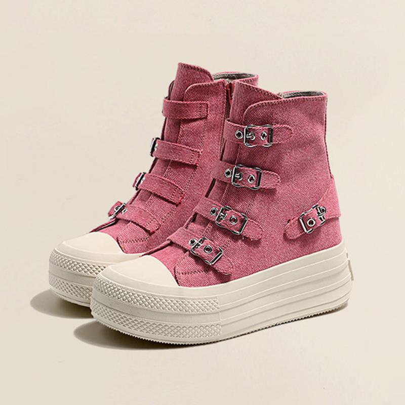 Fashion 2024 Spring and Autumn New Thick soled Short tube Canvas Boots French Casual Breathable Buckle Fashion Women's Single Shoes