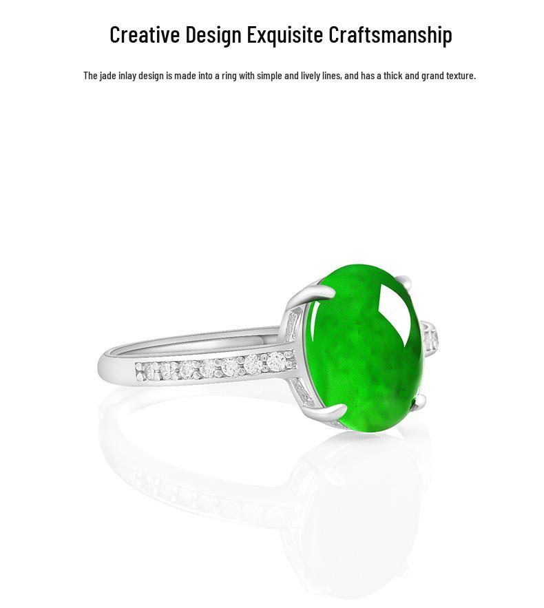 S925 Silver Adjustable Women's Ring with Natural Grade A Bright Green Jade Cabochon