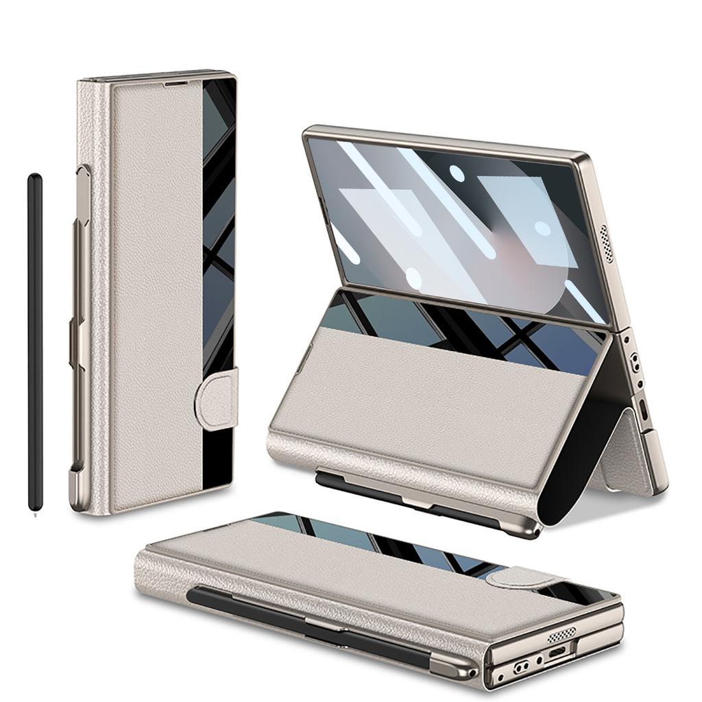 Samsung Z Fold6 Mobile Phone Chitin Leather Bracket Folding Screen Anti Fall Flip Cover Leather Case Film Integrated Pen Slot