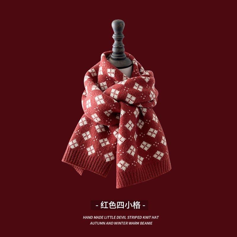 Red Scarf Women's Winter Versatile Premium Sense China Red Checked Destiny Women's Winter Scarf Christmas New Year