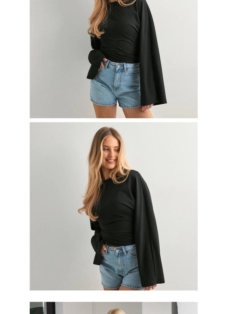 2026 Women's Solid Color Cinched Waist Long Sleeve Top - Fashionable Round Neck, Wide Sleeve.