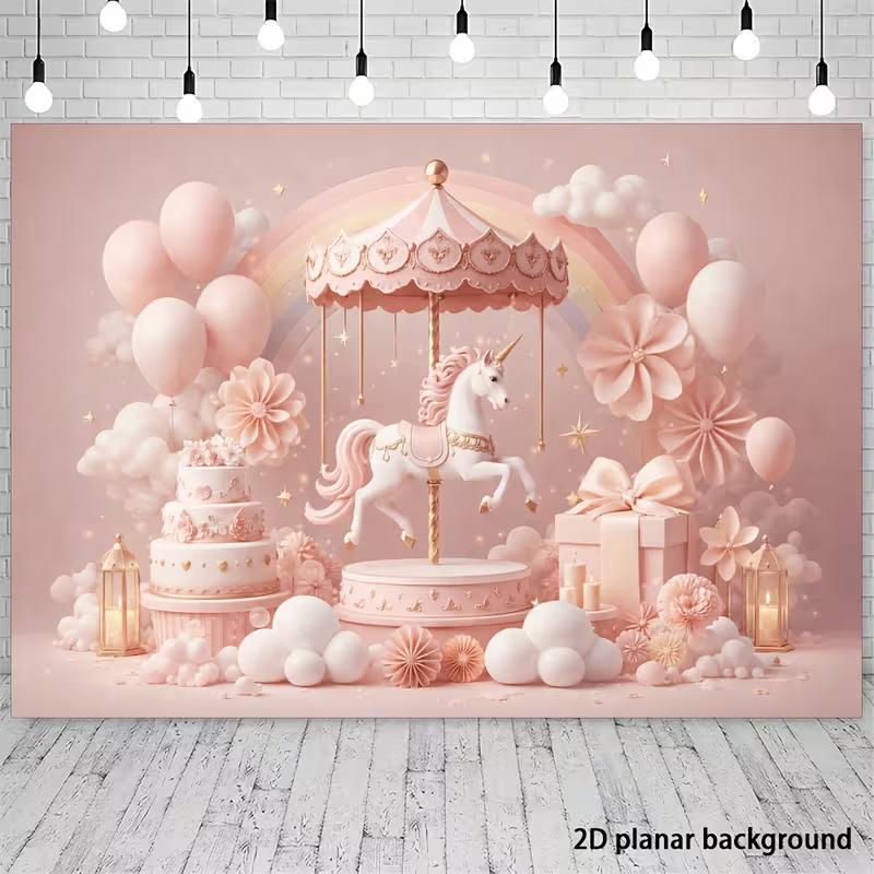 2D Dreamy Pastel Unicorn Backdrop with Rainbow & Clouds Party Photo Booth Background