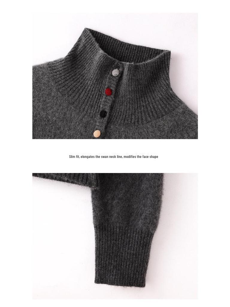 Women's 100% Pure Wool High Neck Sweater, Buttoned Cardigan, Loose Fit, Autumn/Winter Fashion.