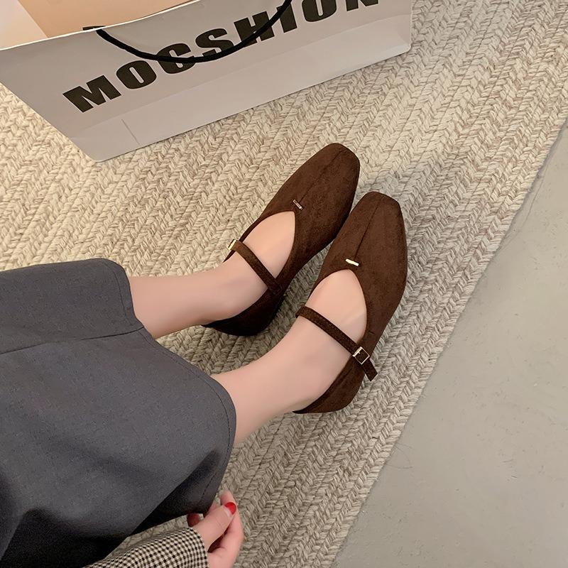 Flat Bottom Suede Black Commuter Single Shoes Women's Shoes New Spring and Autumn Square Head Soft Sole Mary Jane Shoes
