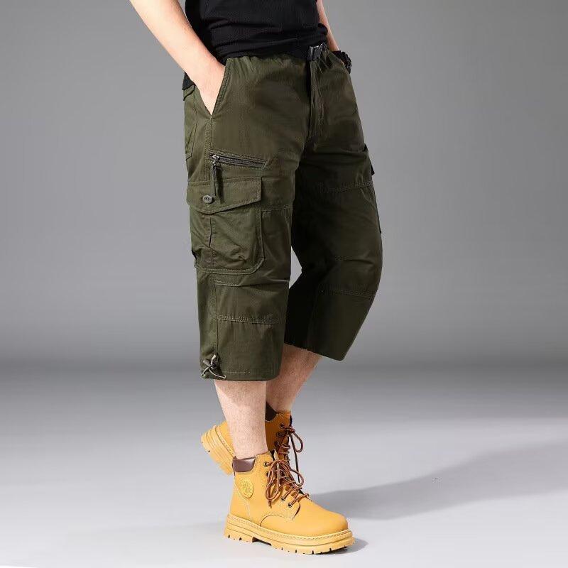Men's Cargo Bermuda Shorts Multi Pocket Zipper Fly Solid Color Elastic Waist Casual Summer Shorts