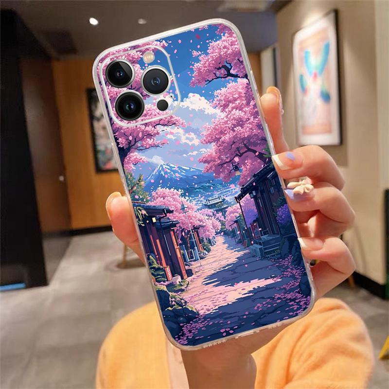 Japanese Landscape Cherry Flower Phone Case For iPhone 17 Pro Max 17 Air 16 15 14 13 Pro Max 15 16 Pro 15Plus