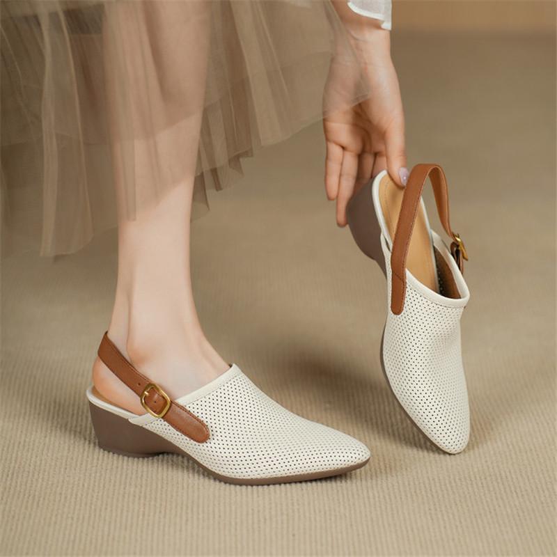 Fashion New Split Leather Summer Sandals Round Toe Sandals for Women Chunky Heels Fashion Hollow Out Sandals Breathable Ladies Shoes