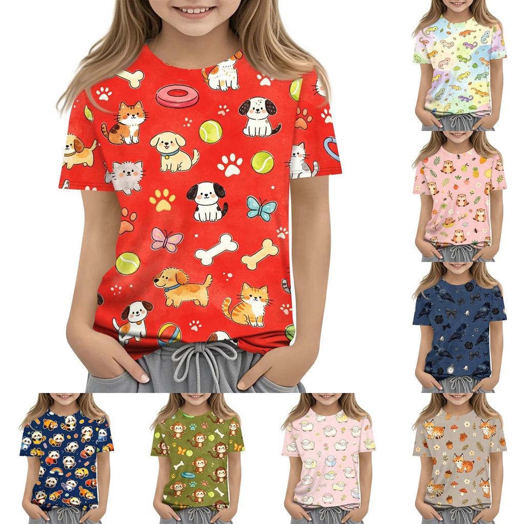 Kids Animal Print Crew Neck Short Sleeve Casual Loose Fit T Shirt Top for Children Boys Girls Summer Wear