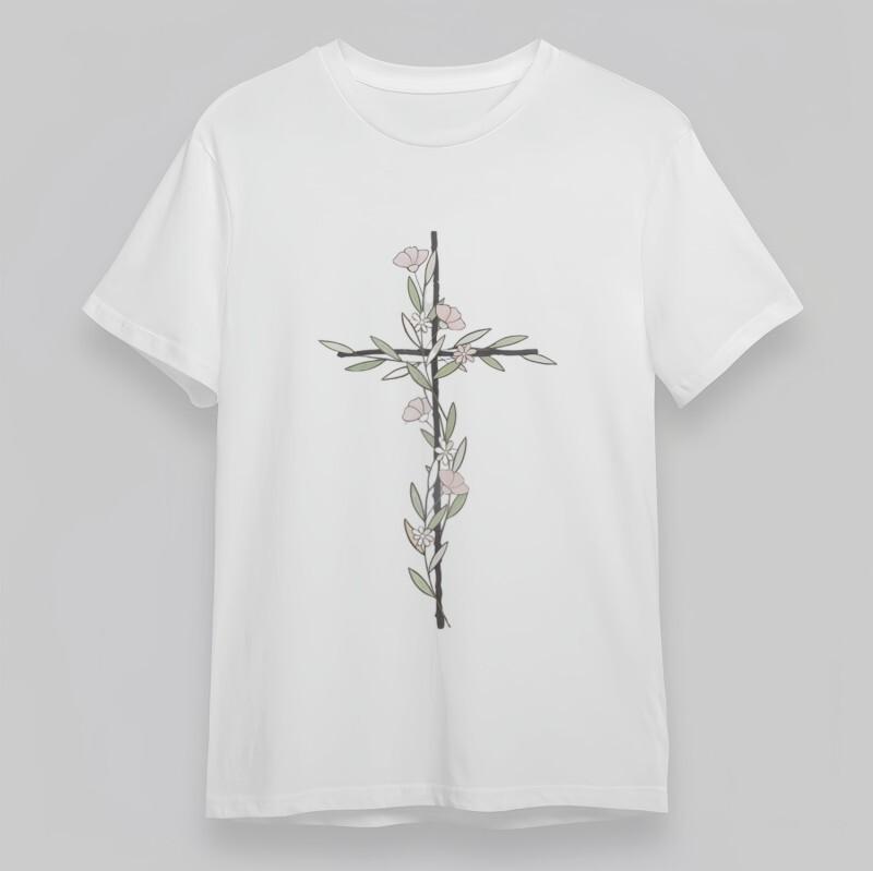 Women's Plus Size Comfy Classic T-Shirt Delicate Floral Cross Botanical Art Tee