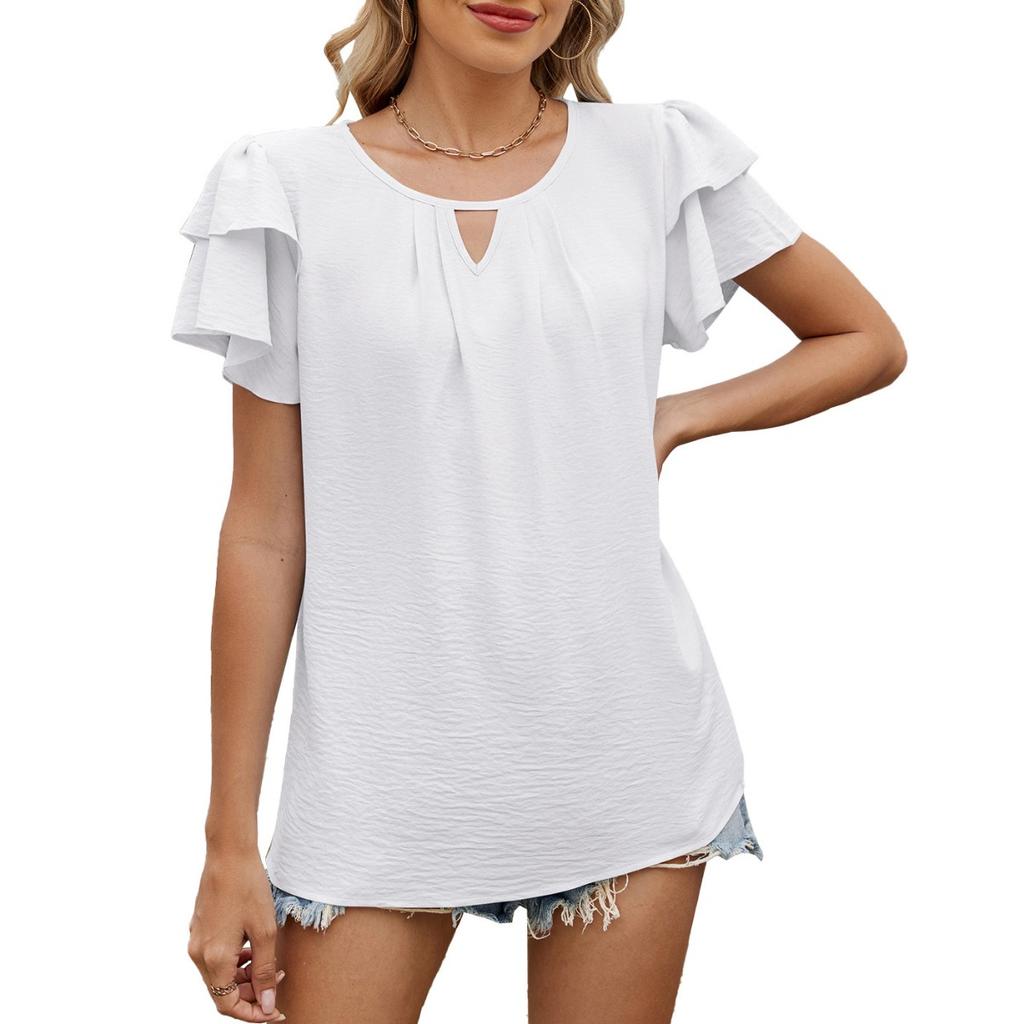 Women's Spring Summer Solid Color V-neck Cutout Double-layer Sleeve Loose Chiffon T-shirt For Leisure Leisure Foreign Trade