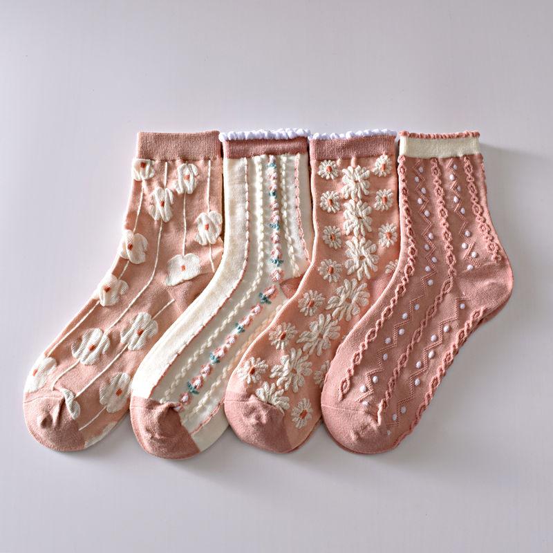 5 Stück/weiße florale Mid-Tube-Socken für Damen, trendige japanische Pudernebelfarbe, Student Loli Spring, dünner Abschnitt, JK-Socken, Pink, Neu