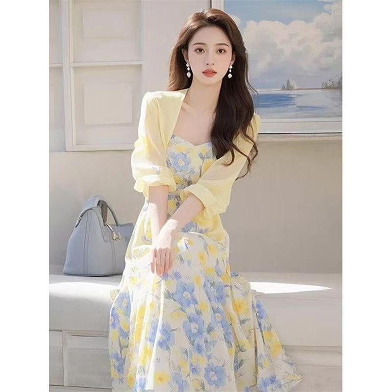 

2026 Women s Floral Slimming Cardigan & Camisole Two-Piece Summer Dress S (for 80-95 jin)