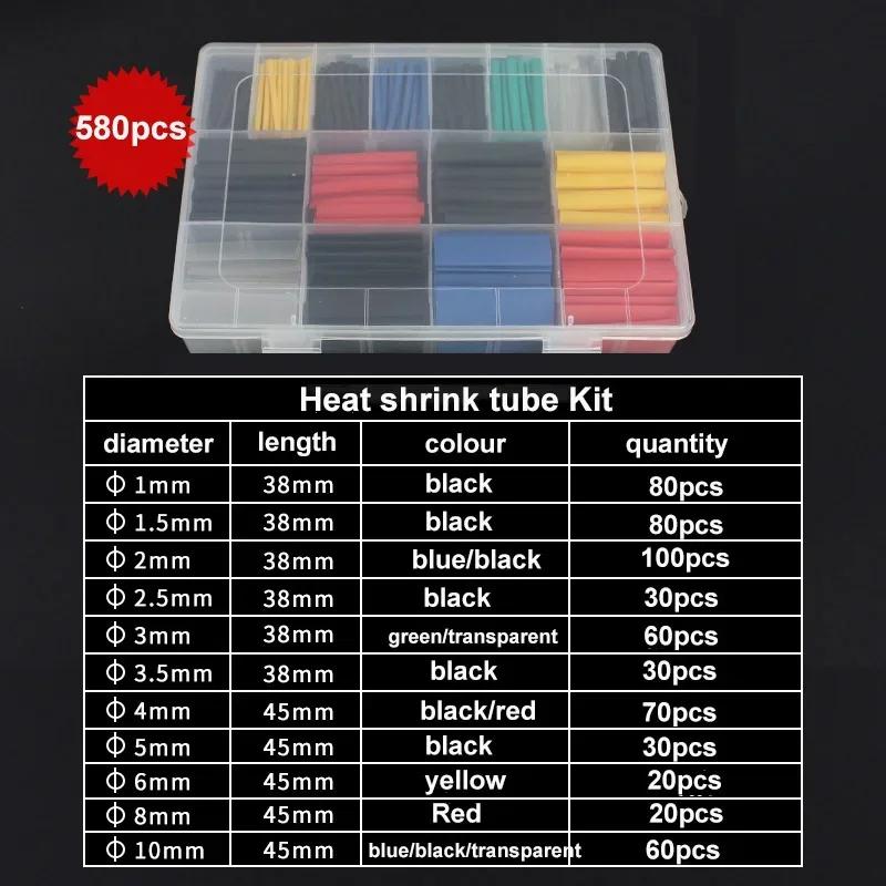 580PCS/Box 2:1 Heat Shrink Tubbing Kit Thermoresistant Tube Assorted Wire Cable Insulation Sleeving Heat Shrink Tube Set