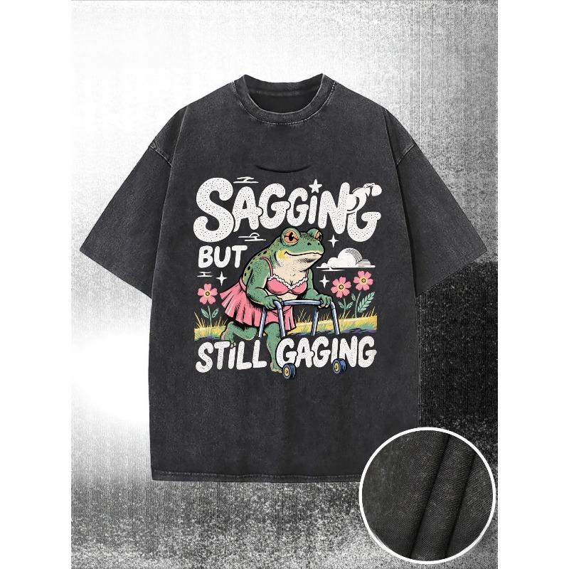 European Size Washed Men S Vintage Frog Pattern T-Shirt -  Washed Short-Sleeve Shirt, Featuring a Pink Skirt And Walker Design,Casual Round-Neck Style S чёрный