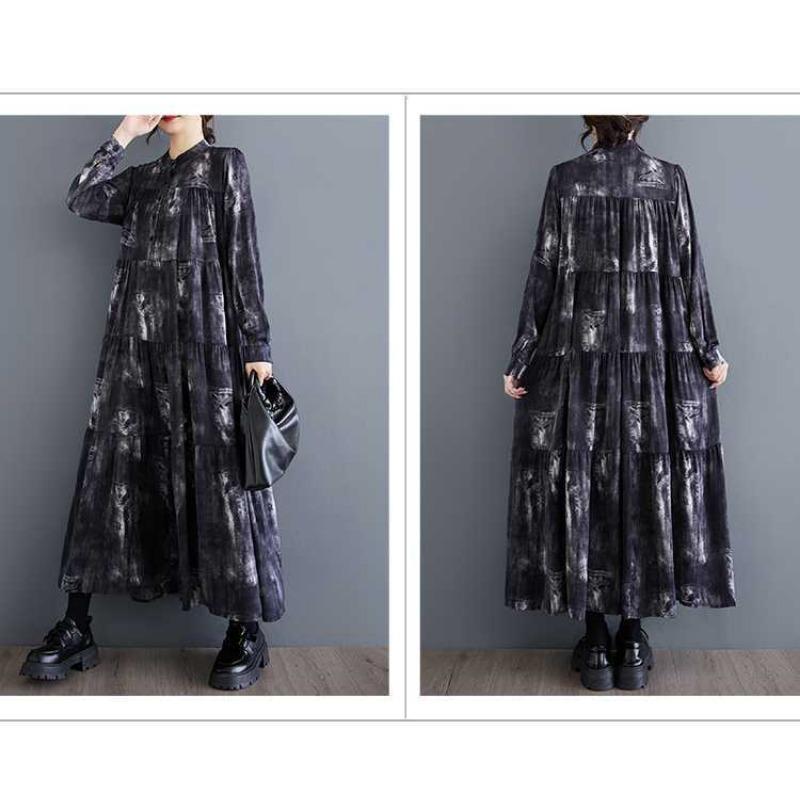 Nowe Sukienki w Dużym Rozmiarze, Luźne, Cienkie, Modne, z Długim Rękawem, Drukowane, o Długości Midi