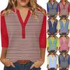 T-shirt imprimé boutonné à manches 3/4 pour femme - Haut basique à col en V - Mode quotidienne - Week-end