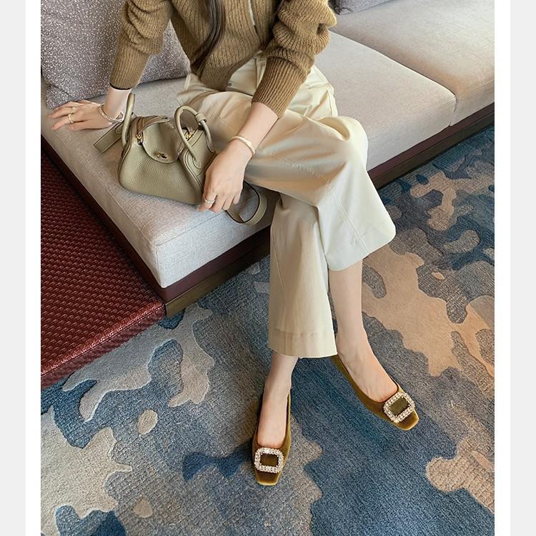 Grape Mother Has the Same Expensive and Sparkling Diamond Buckle, Square Head, Versatile, Comfortable Thick Heel, Suede, Light Mouth, Lazy Person, One