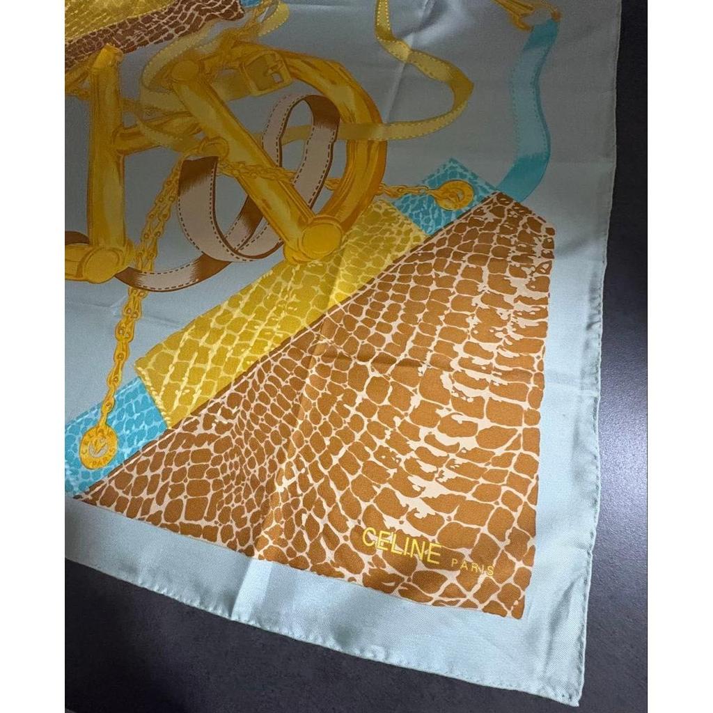 Used CELINE Large Scarf 100% Silk Gold Chain Pattern