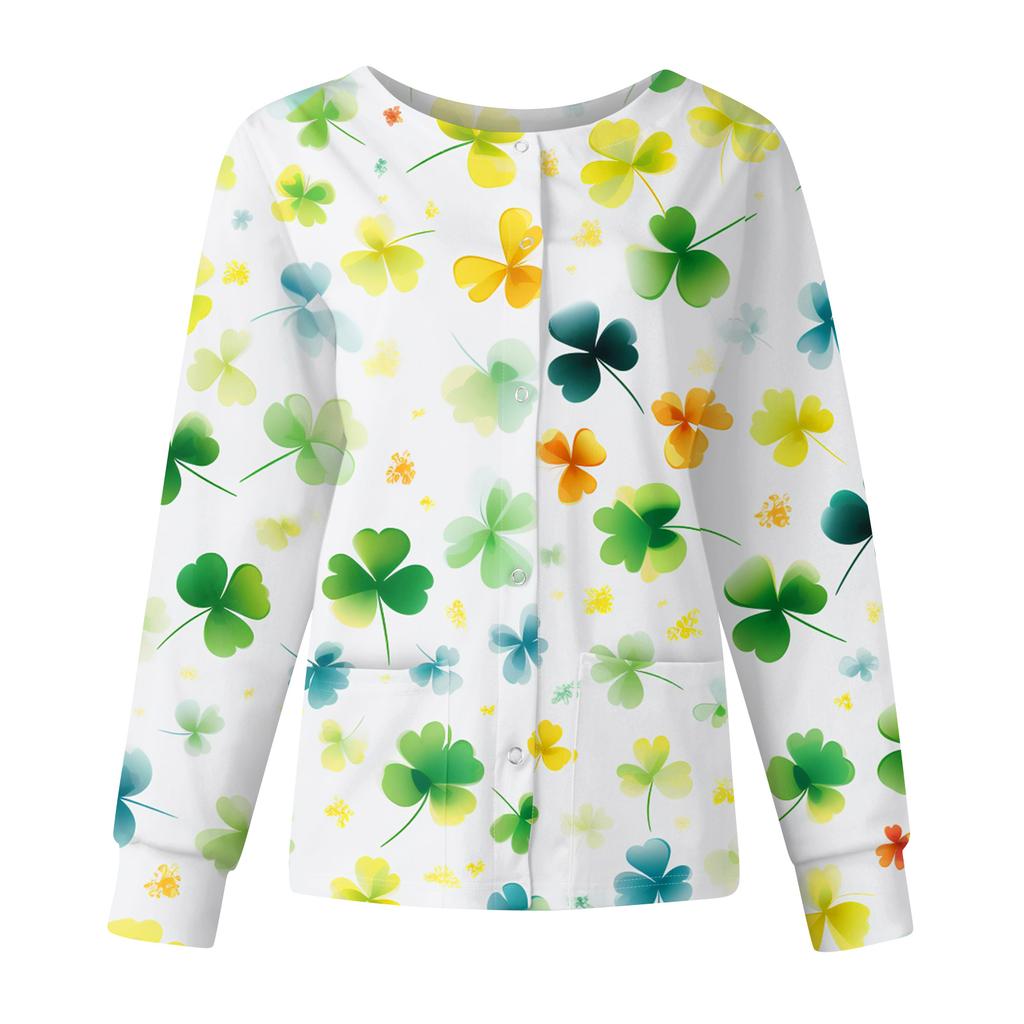 Women's Casual Fashion Long Sleeve Standing Collar Single Breasted St. Patrick's Day Print Workwear Jacket Tops