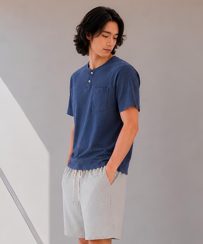 CUSTOMUS Men'S Lecture Single Henley Neck Short Sleeve T-Shirt Cxs26Mkrt502 Nav