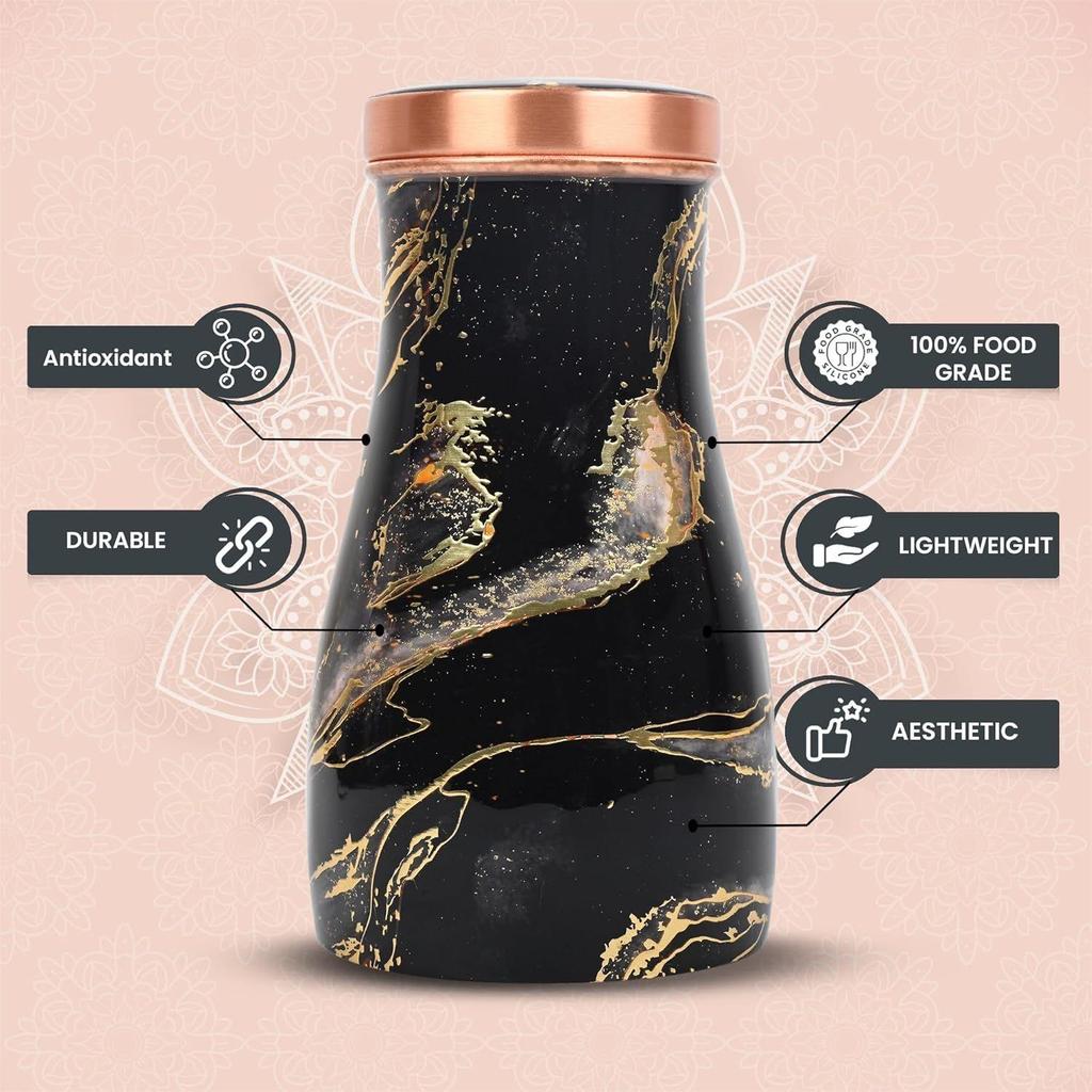 Copper Bottle with Built in Glass Joint Free and Black Marble Enameled Design Finish Bottle for Ayurvedic Health Benefits Yoga 1000 ML,