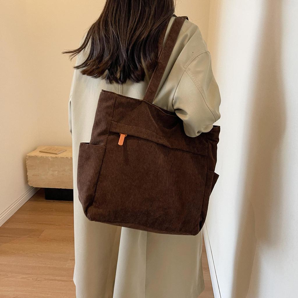 Women's Large Corduroy Tote Bag - Versatile Solid Color Shoulder Handbag