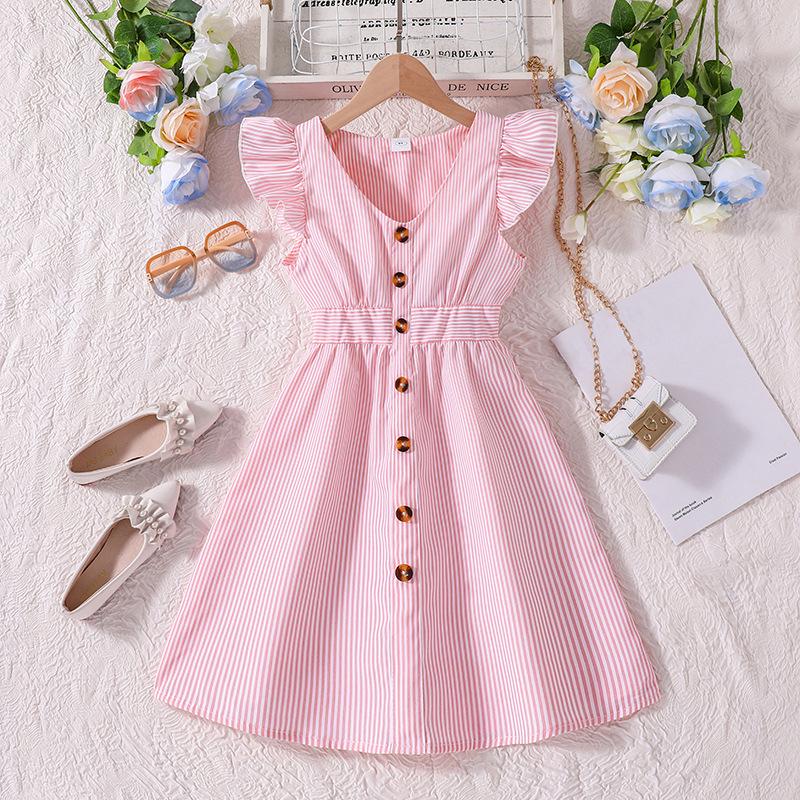 2025 Girls' Summer Striped Princess Dress with Fly Sleeves
