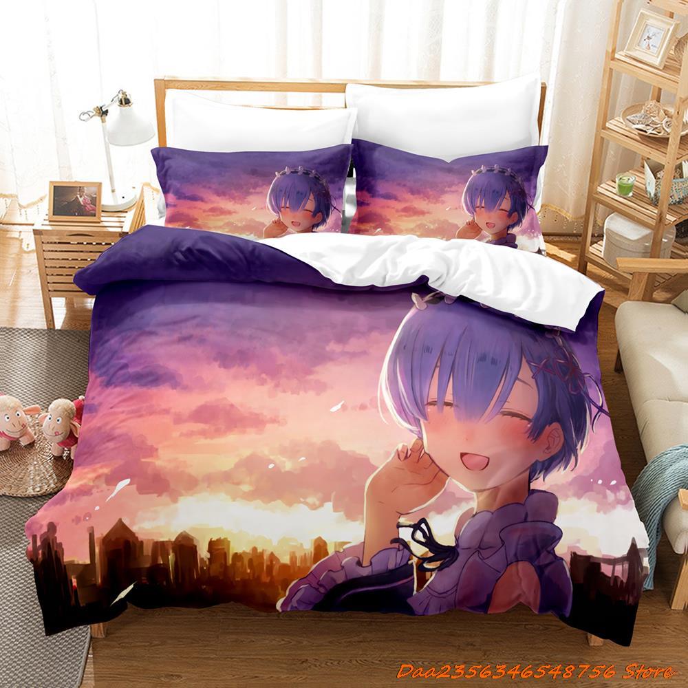 Comforter Re Zero Rem Ram Bedding Set Cartoon Anime Three-Piece Set Adult Kid Bedroom Duvet Sets 3D Kawaii Girl Twin Set