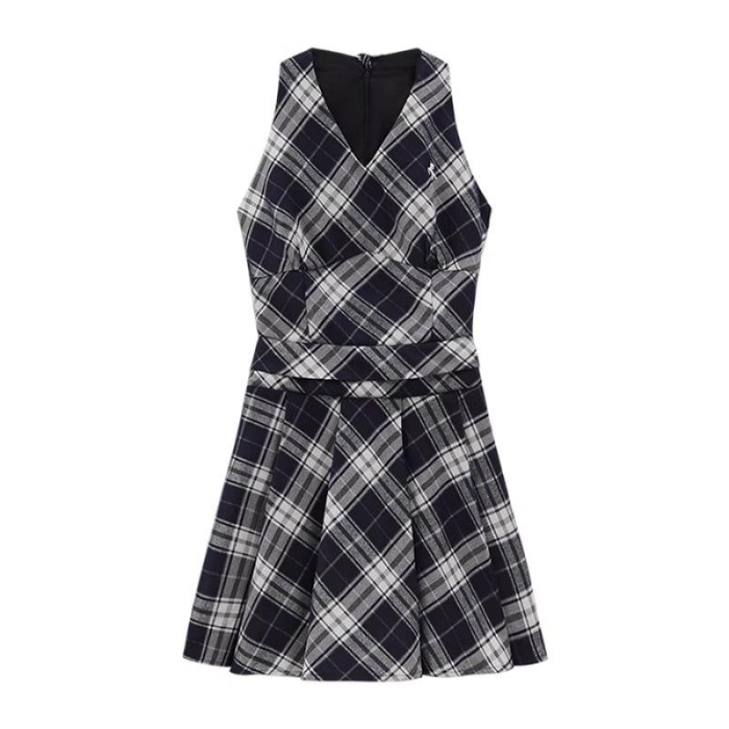 

Black and white plaid v-neck neck lace-up dress for women s spring new sweet spice girl waist A-word short skirt S