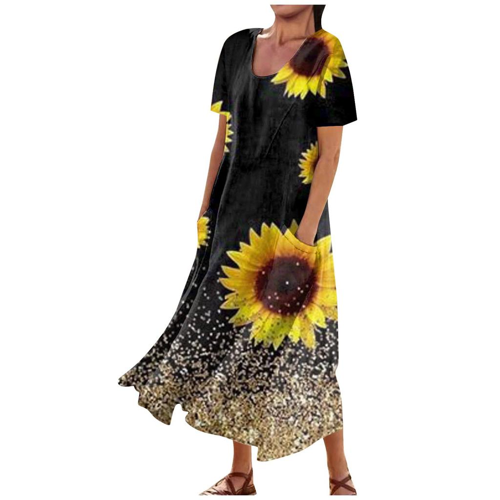 Women's Summer Loose Crewneck Sunflower Print Short Sleeved Large Swing Dress With Pocket
