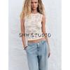 Spring and Summer New Women's Clothing Minimalist Flower Print Texture round Neck Sleeveless Knitwear Tops 0234003