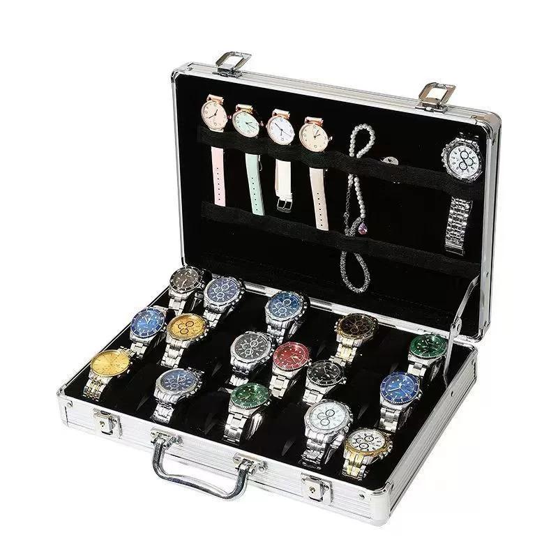 Handige Aluminium Horlogedoos 12 Vakken Sieraden Horloges Display Opbergdoos Vierkante Koffer Suede Binnenkant Rechthoekige Horlogehouder