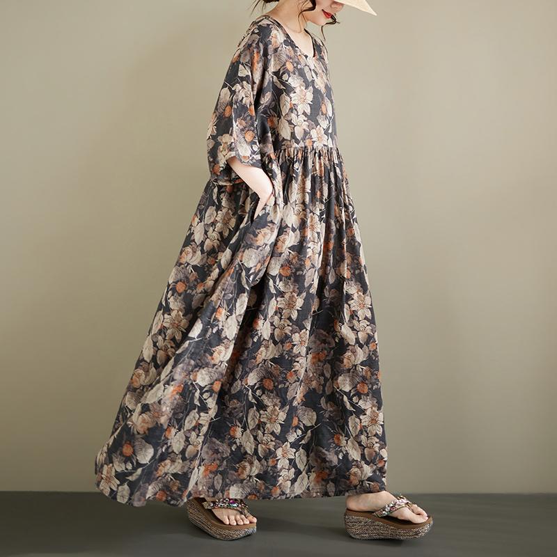 DIMANAF 2026 New Plus Size Spring Summer Beach Vintage Lady Long Dress Women Loose Oversize Maxi Floral Print