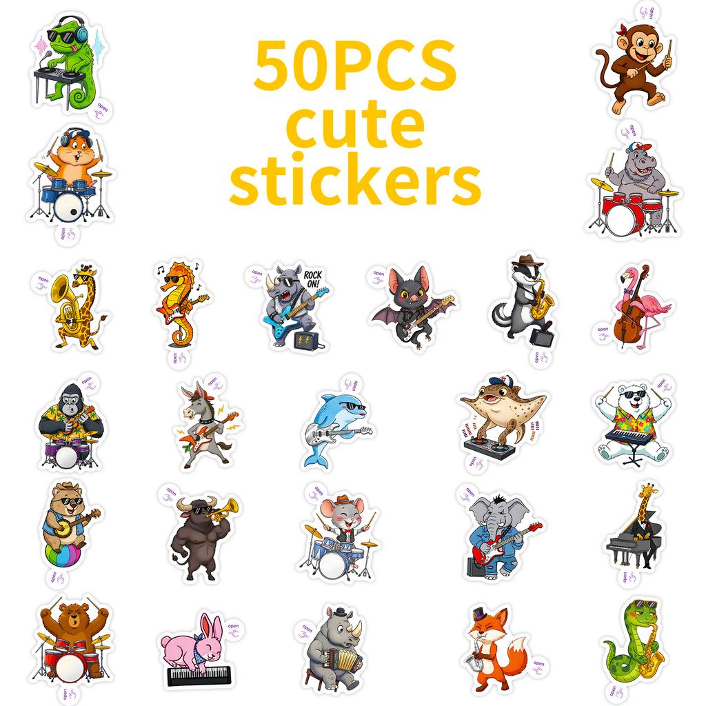 50 Cartoon Fun Animal Musical Instruments Graffiti Stickers Creative Easy To Tear Small Handle Children Diy Material Stickers