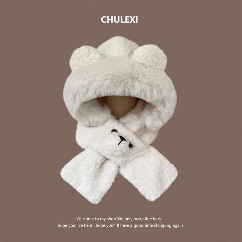 Bear ears hat scarf integrated women's winter warm plush thickened plush scarf Lei Feng hat winter hot sale