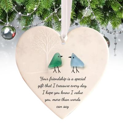 Christmas Heart Sea Glass Keepsake Pendant Hanging Ornament Friendship Decor for Best Friends Xmas Tree