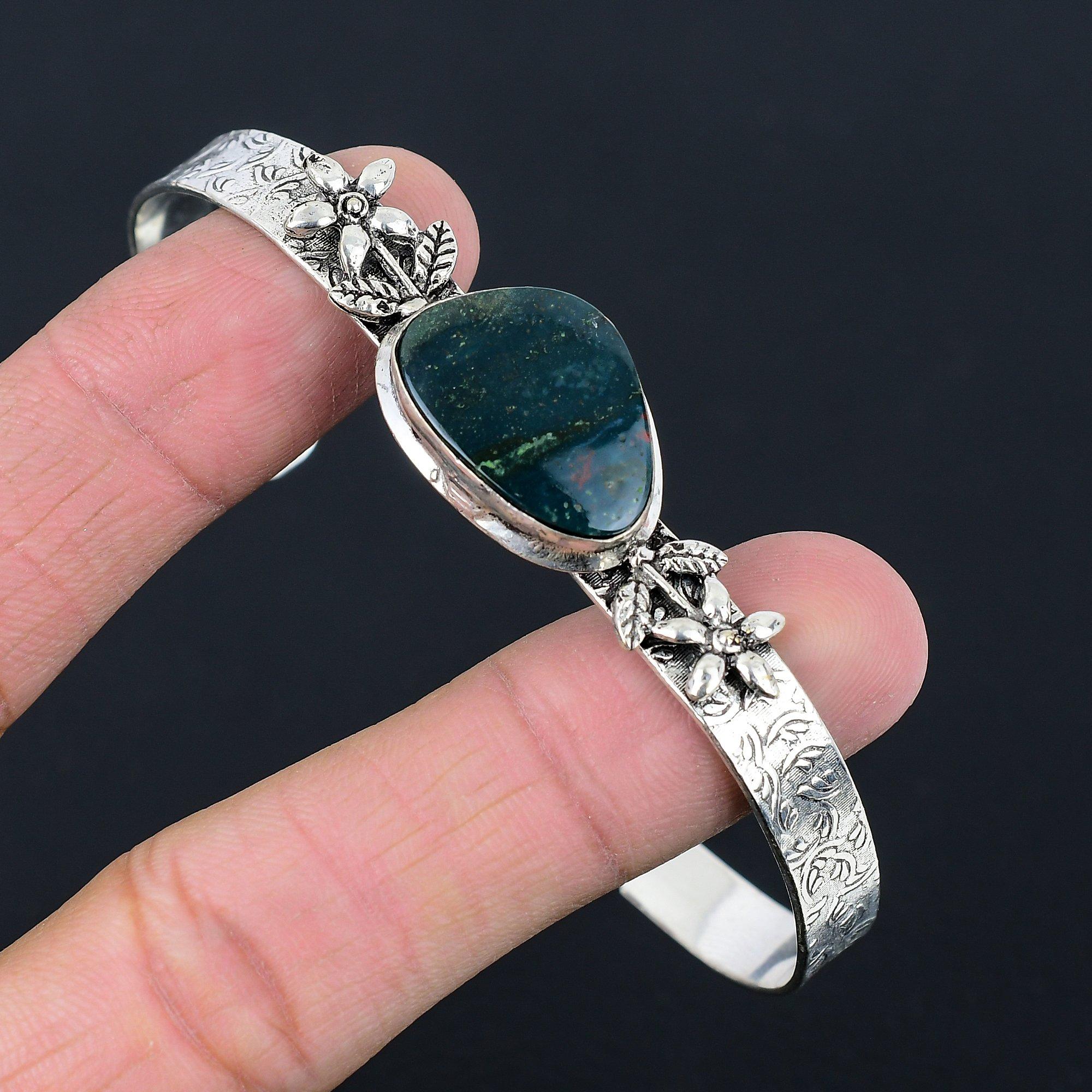 

Womens day Deal Bloodstone Stone Sterling Silver Flower Wedding Bangle Jewelry Adjustable