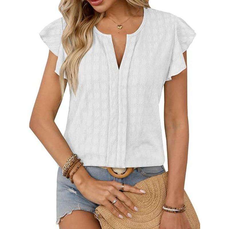 Summer Jacquard Checkered V-neck Top with Ruffle Sleeves Loose Short Sleeved Women's T-shirts