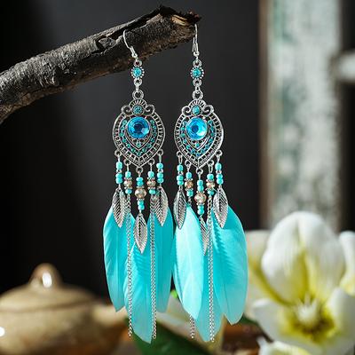 Boho Feder Langes Blatt Quaste Hängeohrringe Für Frauen Geometrisch Strass Kristall Perlen Handgemachte Kette Hochzeitsohrringe Schmuck