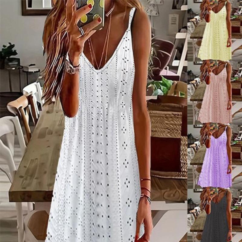 Women's Summer Hollow Jacquard V-neck Strap Solid Color Casual Dresses