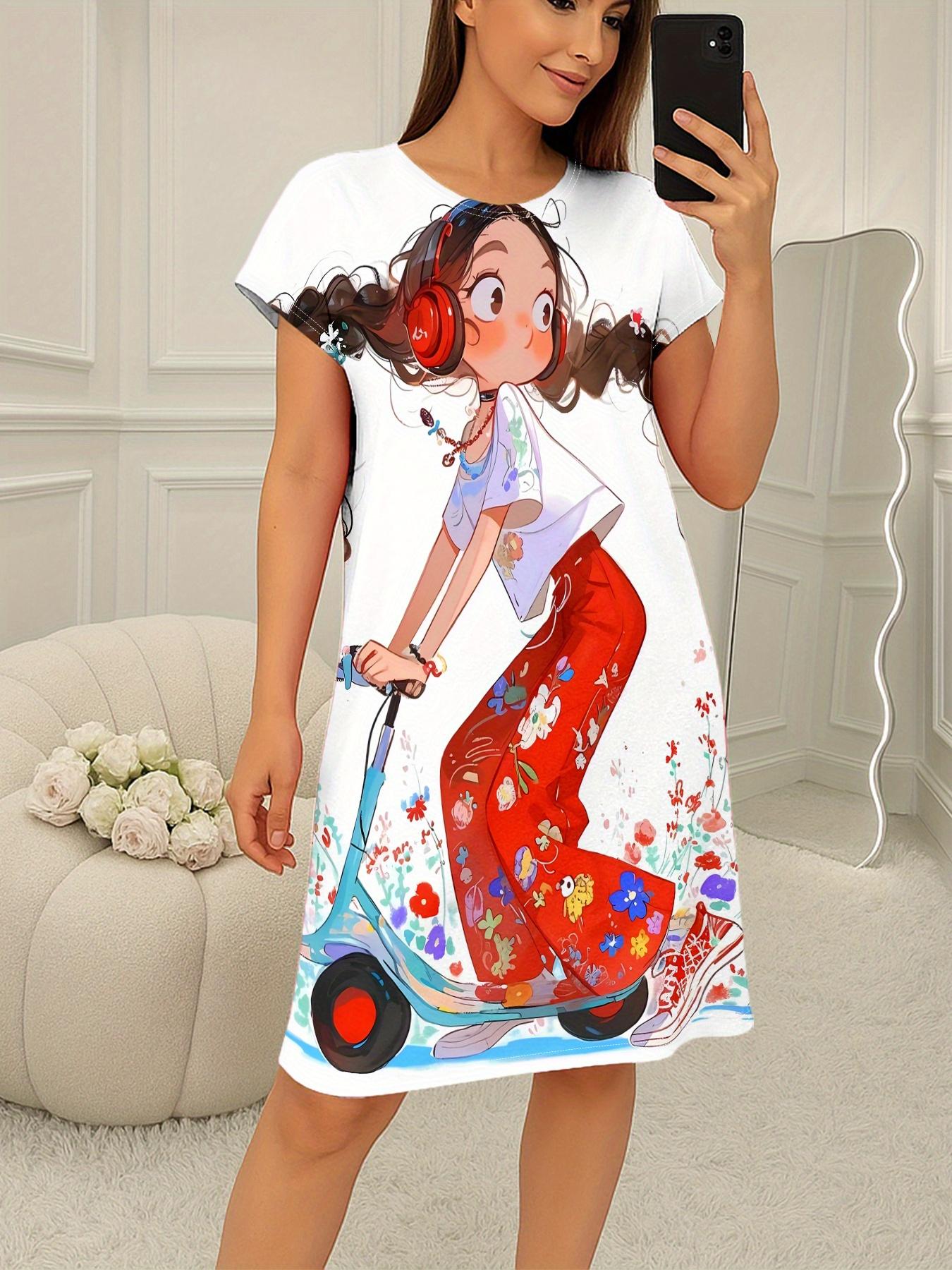 

Fashion Pattern Printed Nightdress. Pajamas Cute Cartoon with Braids. Red Headphones. Rides Scooter Among Flowers Wide Cut. Round Neck. Casual an S