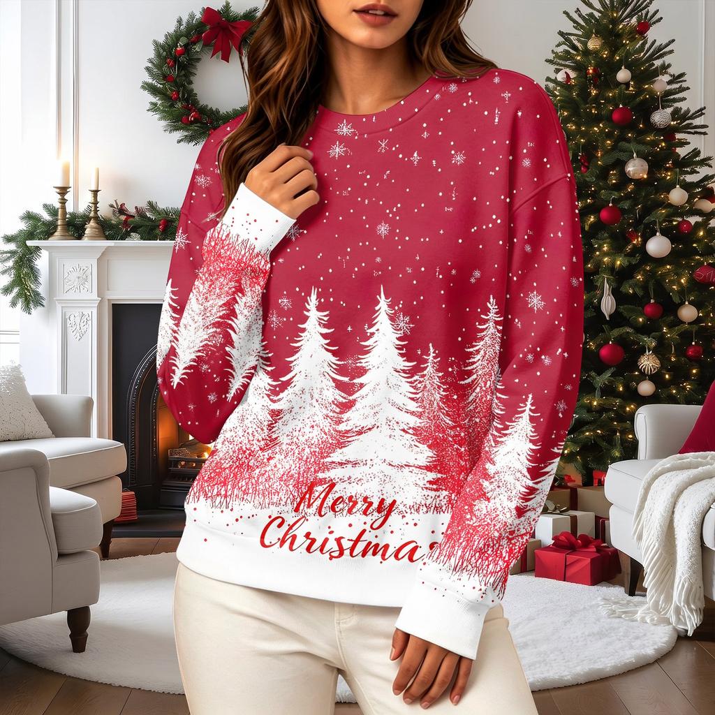 Women's Casual Long Sleeve Christmas Graphic Crewneck Sweatshirt Pullover Top for Holiday Wear