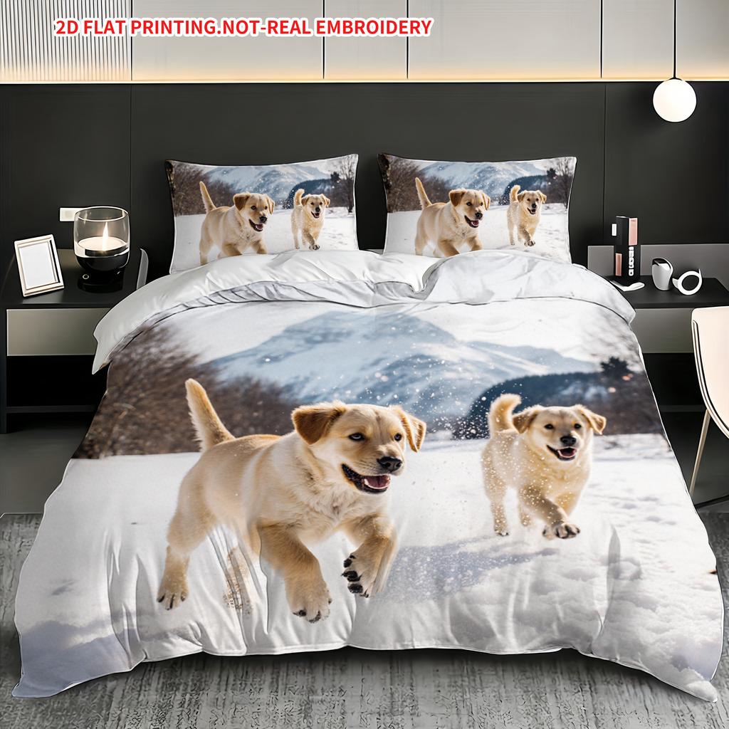 Pillowcase Quilt Cover Three-Piece Set,Lively Golden Retriever Snow Running Pattern,Strong And Durable,Machine Washable