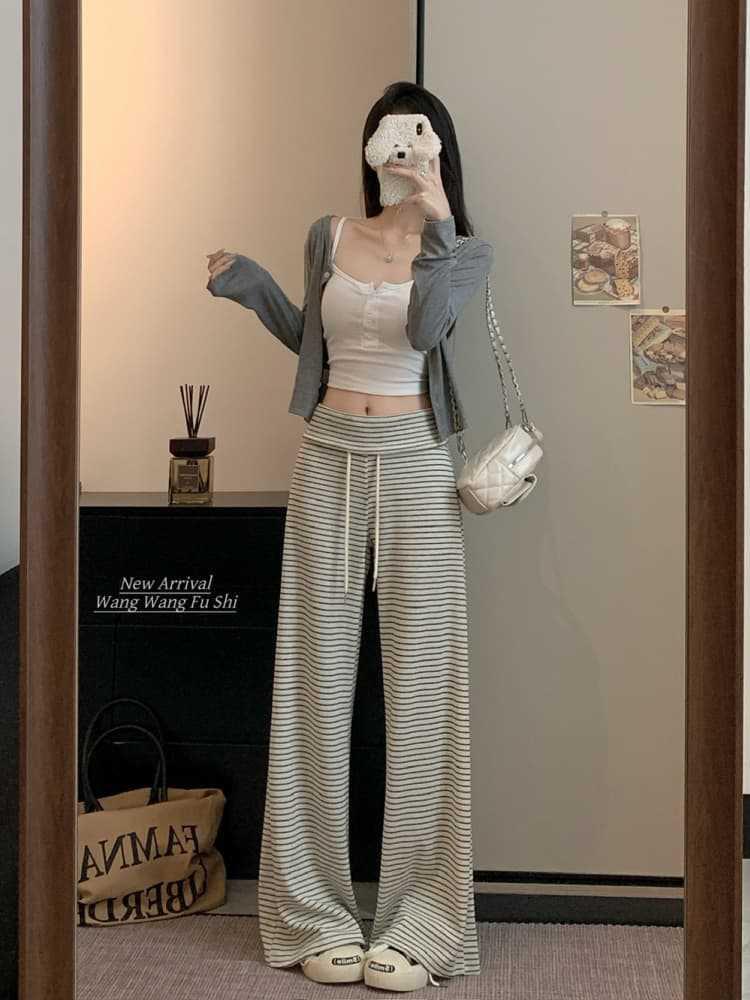 Autumn 2026 Women's Striped Drawstring Casual Pants - Floor-Length, Loose, Slimming Style
