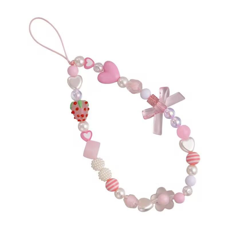 Handmade Beaded Short Wrist Strap Phone Chain with Heart and Fruit Shaped Beads and Decorative Bow for Mobile Devices