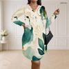 Women Plus Size V Neck Long Sleeve Loose Fit Printed Dress Green Beige Abstract Leaf Pattern