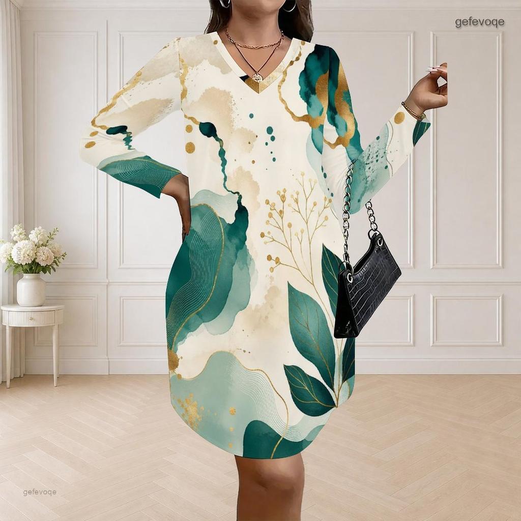 Women Plus Size V Neck Long Sleeve Loose Fit Printed Dress Green Beige Abstract Leaf Pattern