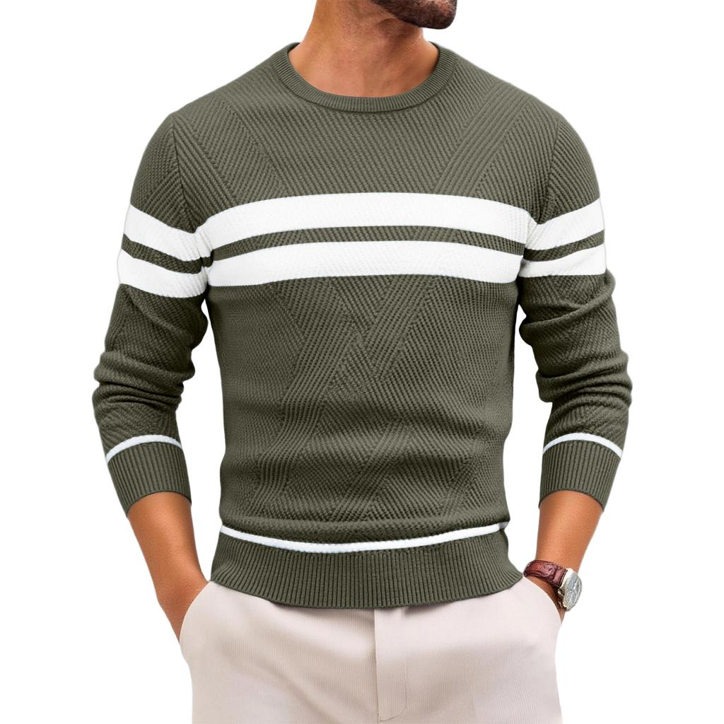 Mens Striped Print Pullover Sweater Slim Fit Lightweight Neck Long Sleeve Jumper Sweaters
