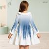 Girls White Purple Printed High Neck Long Sleeve A Line Flared Dress With Furry Trim And Bow
