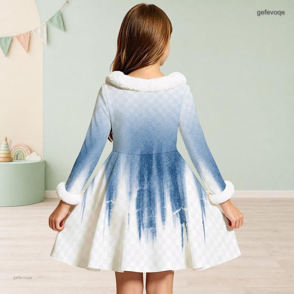 Girls White Purple Printed High Neck Long Sleeve A Line Flared Dress With Furry Trim And Bow